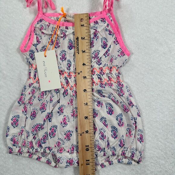 Everbloom Baby 3 Month Blue Pink Tie Shoulder Smocked Waist One Piece Romper - Picture 5 of 6